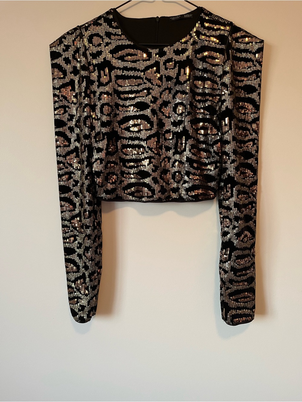 Zara Black Crop Top with Gold & Silver Sequin Animal Pattern